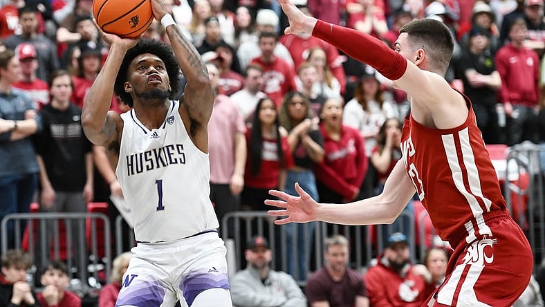 Mar 7, 2024; Pullman, Washington, USA; Washington Huskies forward Keion Brooks Jr. (1) shoots the ball against Washington State Cougars forward Andrej Jakimovski (23) in the first half at Friel Court at Beasley Coliseum. Mandatory Credit: James Snook-USA TODAY Sports
