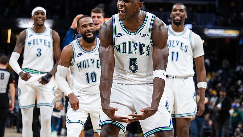Mar 7, 2024; Indianapolis, Indiana, USA; Minnesota Timberwolves guard Anthony Edwards (5) celebrates the win over Indiana Pacers at Gainbridge Fieldhouse. Mandatory Credit: Trevor Ruszkowski-USA TODAY Sports