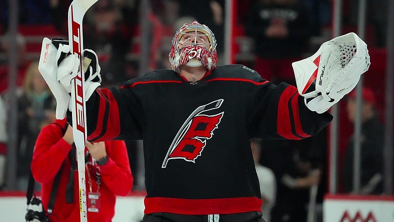 Mar 7, 2024; Raleigh, North Carolina, USA; Carolina Hurricanes goaltender Frederik Andersen (31) celebrates their victory after the game against the Montreal Canadiens at PNC Arena. Mandatory Credit: James Guillory-USA TODAY Sports