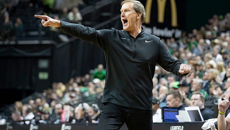 Oregon head coach Dana Altman yells to his team as the Oregon Ducks host the Colorado Buffaloes Thursday, March 7, 2024 at Matthew Knight Arena in Eugene, Ore.