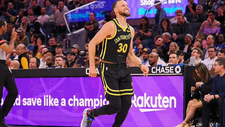 Mar 7, 2024; San Francisco, California, USA; Golden State Warriors guard Stephen Curry (30) limps around the court after a play against the Chicago Bulls during the fourth quarter at Chase Center. Mandatory Credit: Kelley L Cox-USA TODAY Sports