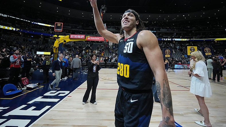 Mar 7, 2024; Denver, Colorado, USA; Denver Nuggets forward Aaron Gordon (50) waves to the crowd following the game against the Boston Celtics at Ball Arena. Mandatory Credit: Ron Chenoy-USA TODAY Sports