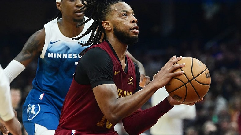 Mar 8, 2024; Cleveland, Ohio, USA;  Cleveland Cavaliers guard Darius Garland (10) drives to the basket against against the Minnesota Timberwolves during the first half at Rocket Mortgage FieldHouse. Mandatory Credit: Ken Blaze-USA TODAY Sports