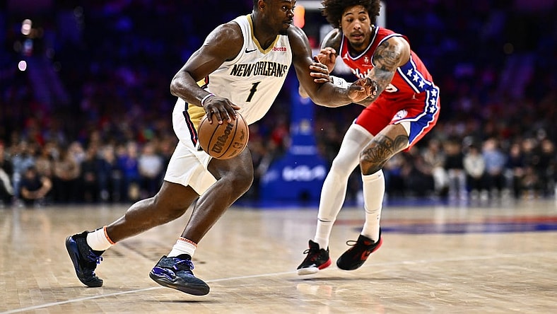 Mar 8, 2024; Philadelphia, Pennsylvania, USA; New Orleans Pelicans forward Zion Williamson (1) drives against Philadelphia 76ers guard Kelly Oubre Jr (9) in the third quarter at Wells Fargo Center. Mandatory Credit: Kyle Ross-USA TODAY Sports