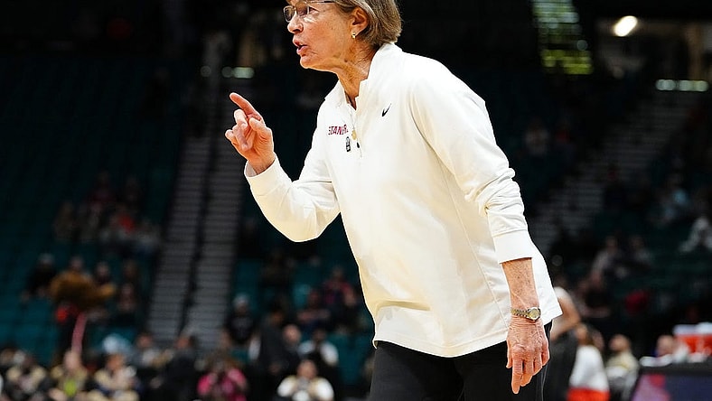 Mar 8, 2024; Las Vegas, NV, USA; Stanford Cardinal head coach Tara VanDerveer directs a player in a game against the Oregon State Beavers during the second quarter at MGM Grand Garden Arena. Mandatory Credit: Stephen R. Sylvanie-USA TODAY Sports