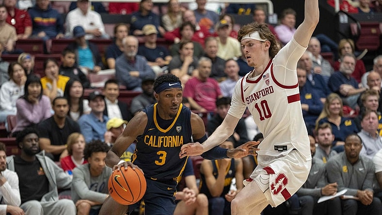 Mar 7, 2024; Stanford, California, USA; California Golden Bears guard Keonte Kennedy (3) dribbles the basketball against Stanford Cardinal forward Max Murrell (10) during the second half at Maples Pavillion. Mandatory Credit: Neville E. Guard-USA TODAY Sports