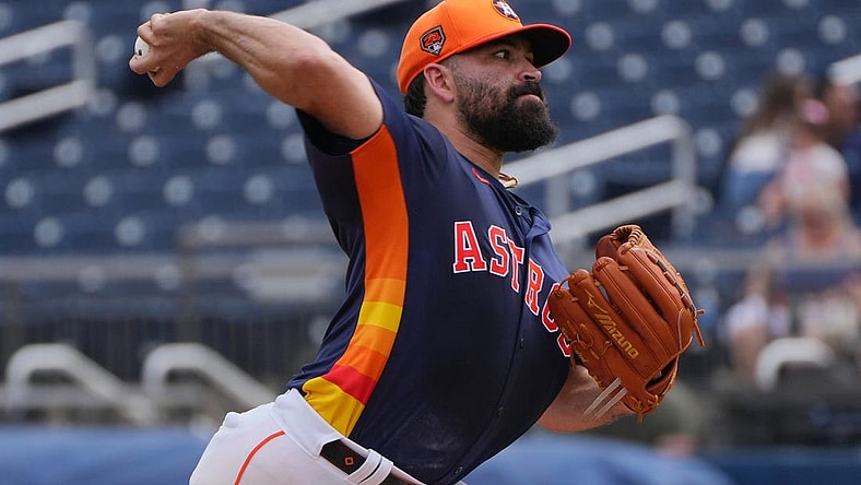 Mar 9, 2024; West Palm Beach, Florida, USA; Houston Astros starting pitcher Jose Urquidy (65) pitches in the first inning against the Washington Nationals at CACTI Park of the Palm Beaches. Mandatory Credit: Jim Rassol-USA TODAY Sports