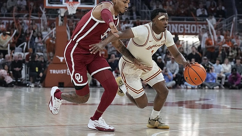 Mar 9, 2024; Austin, Texas, USA; Texas Longhorns guard Max Abmas (3) drives to the basket while defended by Oklahoma Sooners guard Rivaldo Soares (5) during the first half at Moody Center. Mandatory Credit: Scott Wachter-USA TODAY Sports