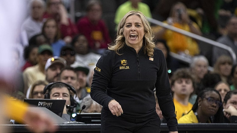 Mar 9, 2024; Kansas City, MO, USA; Baylor Lady Bears head coach Nicki Collen looks on as her team faces the Iowa State Cyclones during the first half at T-Mobile Center. Mandatory Credit: Amy Kontras-USA TODAY Sports