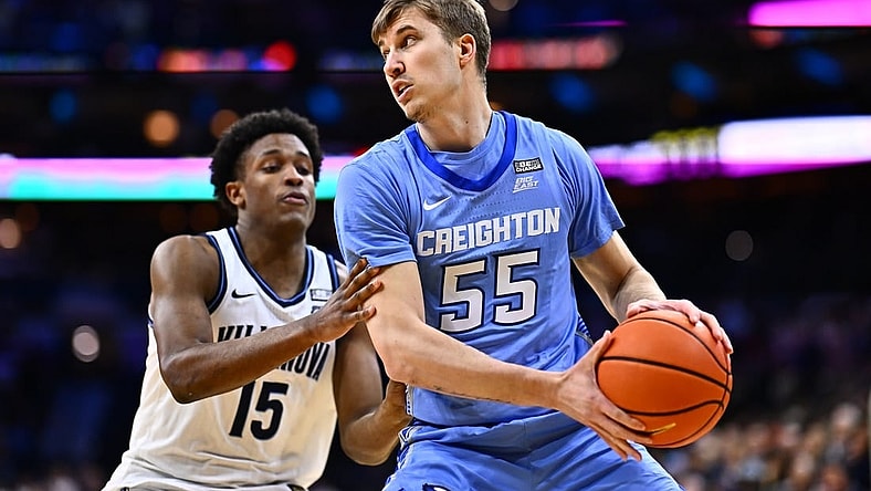 Mar 9, 2024; Philadelphia, Pennsylvania, USA; Creighton Bluejays guard Baylor Scheierman (55) controls the ball against Villanova Wildcats guard Jordan Longino (15) in the first half at Wells Fargo Center. Mandatory Credit: Kyle Ross-USA TODAY Sports