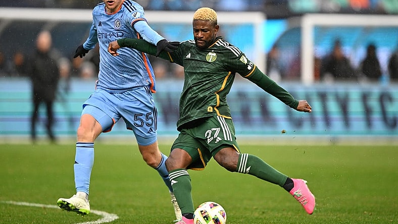 Mar 9, 2024; New York, New York, USA; Portland Timbers forward Dairon Asprilla (27) controls the ball New York City FC midfielder Keaton Parks (55) during the first half at Yankee Stadium. Mandatory Credit: Mark Smith-USA TODAY Sports