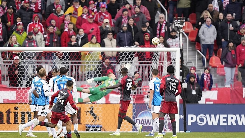 Mar 9, 2024; Toronto, Ontario, USA; Toronto FC forward Lorenzo Insigne (24) scores in the second half against Charlotte FC at BMO Field. Mandatory Credit: Kevin Sousa-USA TODAY Sports