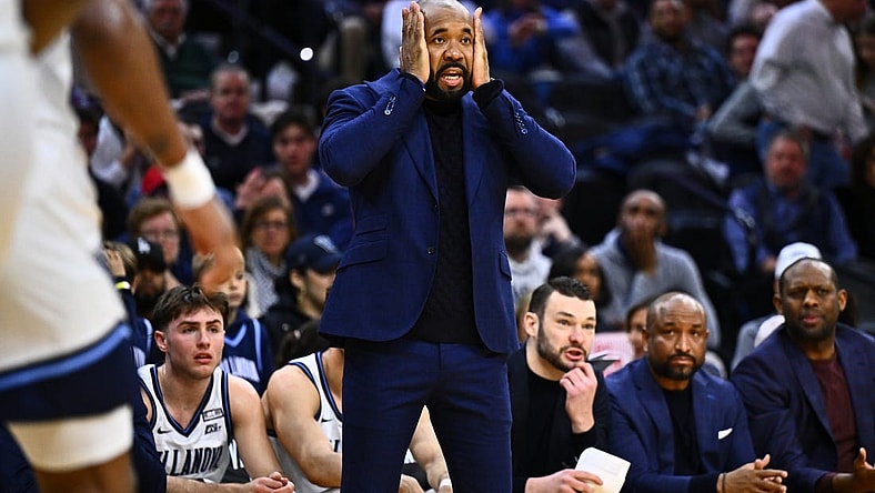 Mar 9, 2024; Philadelphia, Pennsylvania, USA; Villanova Wildcats head coach Kyle Neptune reacts against the Creighton Bluejays in the first half at Wells Fargo Center. Mandatory Credit: Kyle Ross-USA TODAY Sports