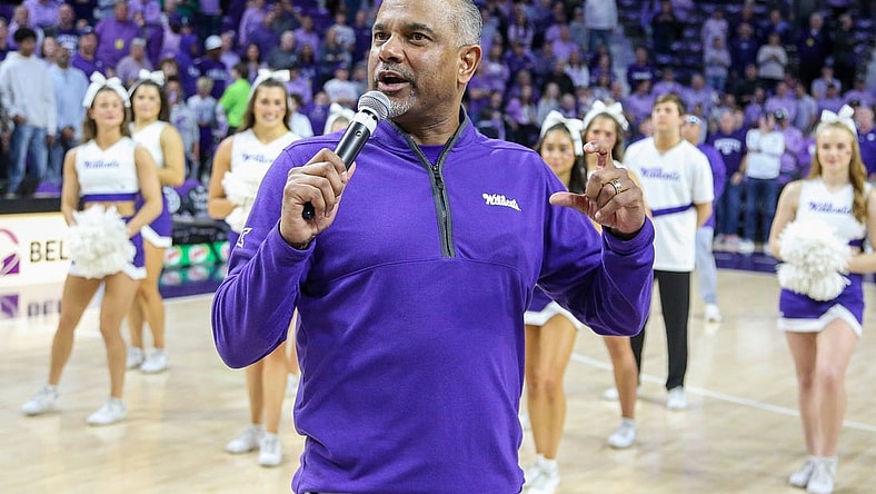 Mar 9, 2024; Manhattan, Kansas, USA; Kansas State Wildcats head coach Jerome Tang talks to the crowd after a win against the Iowa State Cyclones at Bramlage Coliseum. Mandatory Credit: Scott Sewell-USA TODAY Sports