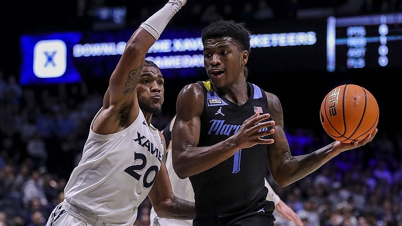 Mar 9, 2024; Cincinnati, Ohio, USA; Marquette Golden Eagles guard Kam Jones (1) dribbles against Xavier Musketeers guard Dayvion McKnight (20) in the first half at Cintas Center. Mandatory Credit: Katie Stratman-USA TODAY Sports