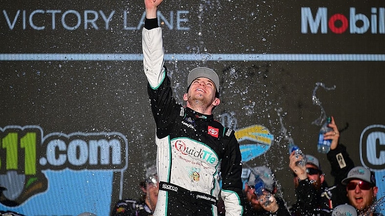 Mar 9, 2024; Avondale, Arizona, USA; NASCAR Xfinity Series driver Chandler Smith (81) celebrates his victory of the NASCAR Xfinity Series race at Phoenix Raceway. Mandatory Credit: Gary A. Vasquez-USA TODAY Sports