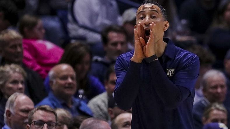 Mar 9, 2024; Cincinnati, Ohio, USA; Marquette Golden Eagles head coach Shaka Smart yells to his team during the second half against the Xavier Musketeers at Cintas Center. Mandatory Credit: Katie Stratman-USA TODAY Sports