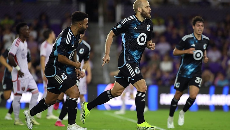 Mar 9, 2024; Orlando, Florida, USA; Minnesota United forward Teemu Pukki (22) celebrates with teammates after scoring a goal against Orlando City during the first half at Inter & Co Stadium. Mandatory Credit: Morgan Tencza-USA TODAY Sports