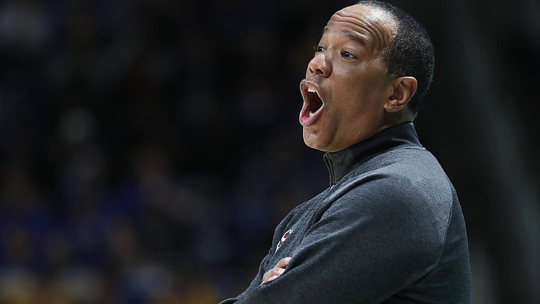 Mar 9, 2024; Pittsburgh, Pennsylvania, USA;  North Carolina State Wolfpack head coach Kevin Keatts reacts on the sidelines against the Pittsburgh Panthers during the first half at the Petersen Events Center. Mandatory Credit: Charles LeClaire-USA TODAY Sports