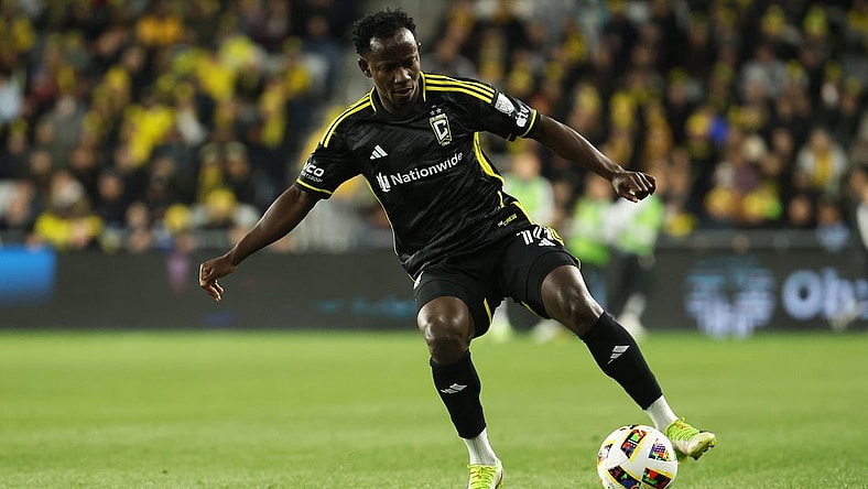 Mar 9, 2024; Columbus, Ohio, USA; Columbus Crew midfielder Yaw Yeboah (14) controls the ball against against the Chicago Fire FC in the first half  at Lower.com Field. Mandatory Credit: Trevor Ruszkowski-USA TODAY Sports