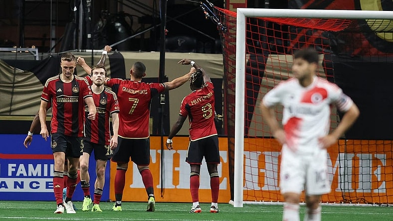 Mar 9, 2024; Atlanta, Georgia, USA;  Atlanta United forward Giorgos Giakoumakis (7) celebrates his goal against the New England Revolution in the second half at Mercedes-Benz Stadium. Mandatory Credit: Brett Davis-USA TODAY Sports