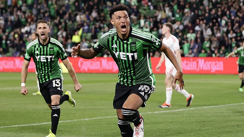 Mar 9, 2024; Austin, Texas, USA; Austin FC defender Julio Cascante (18) celebrates his goal scored against St. Louis CITY SC during the second half at Q2 Stadium. Mandatory Credit: Erich Schlegel-USA TODAY Sports