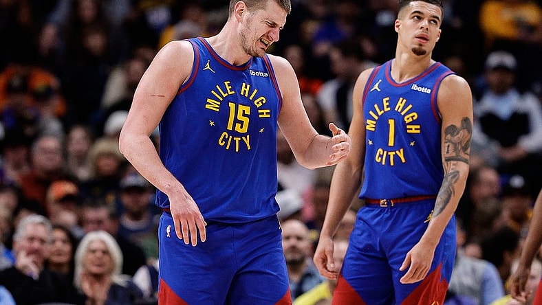 Mar 9, 2024; Denver, Colorado, USA; Denver Nuggets center Nikola Jokic (15) reacts after a play in the second quarter against the Utah Jazz at Ball Arena. Mandatory Credit: Isaiah J. Downing-USA TODAY Sports