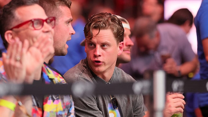 Mar 9, 2024; Miami, Florida, USA; Cincinnati Bengals quarterback Joe Burrow watches the fight between Jack Della Maddalena and Gilbert Burns during UFC 299 at Kayesa Center. Mandatory Credit: Sam Navarro-USA TODAY Sports