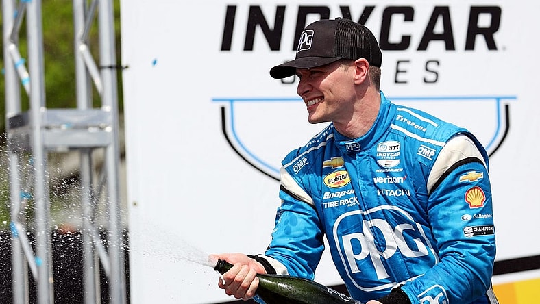 Mar 10, 2024; St. Petersburg, Florida, USA; Indycar driver Josef Newgarden (2) celebrates winning the Grand Prix of St. Petersburg. Mandatory Credit: Peter Casey-USA TODAY Sports