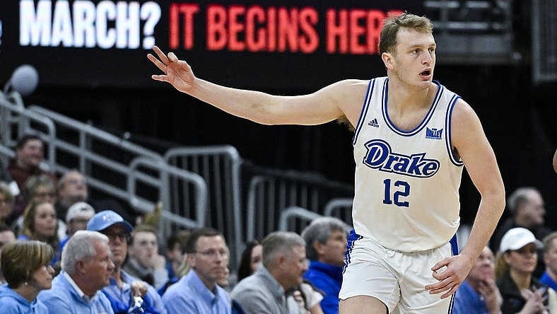Mar 10, 2024; St. Louis, MO, USA;  Drake Bulldogs guard Tucker DeVries (12) reacts after making a three pointer against the Indiana State Sycamores during the first half of the Missouri Valley Conference Tournament Championship game at Enterprise Center. Mandatory Credit: Jeff Curry-USA TODAY Sports