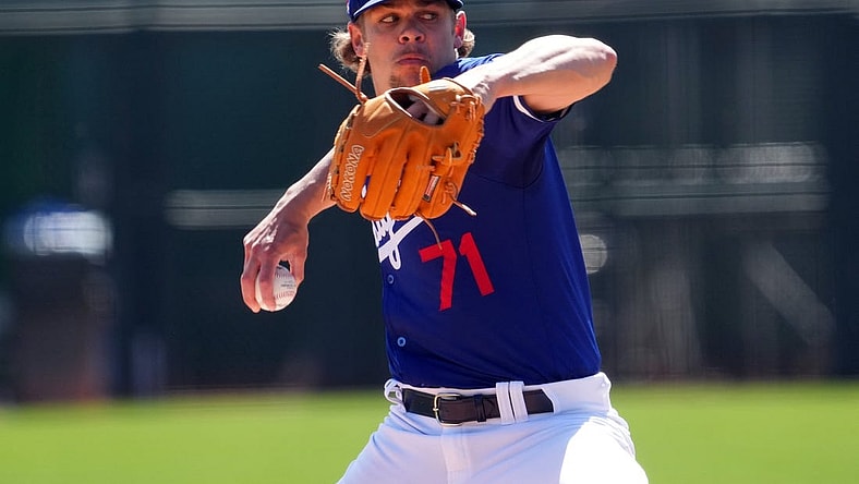 Mar 10, 2024; Phoenix, Arizona, USA; Los Angeles Dodgers starting pitcher Gavin Stone (71) pitches against the Arizona Diamondbacks during the first inning at Camelback Ranch-Glendale. Mandatory Credit: Joe Camporeale-USA TODAY Sports