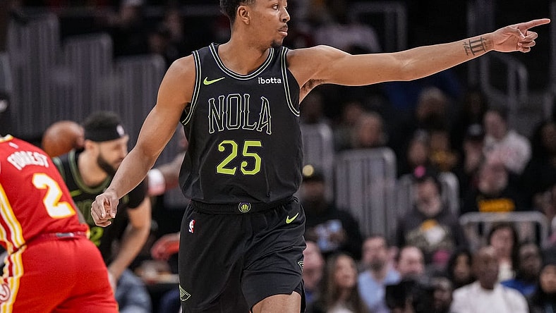 Mar 10, 2024; Atlanta, Georgia, USA; New Orleans Pelicans guard Trey Murphy III (25) reacts after scoring against the Atlanta Hawks during the first half at State Farm Arena. Mandatory Credit: Dale Zanine-USA TODAY Sports
