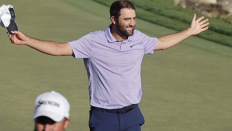 Mar 10, 2024; Orlando, Florida, USA;  Scottie Scheffler celebrates after he won the Arnold Palmer Invitational golf tournament. Mandatory Credit: Reinhold Matay-USA TODAY Sports