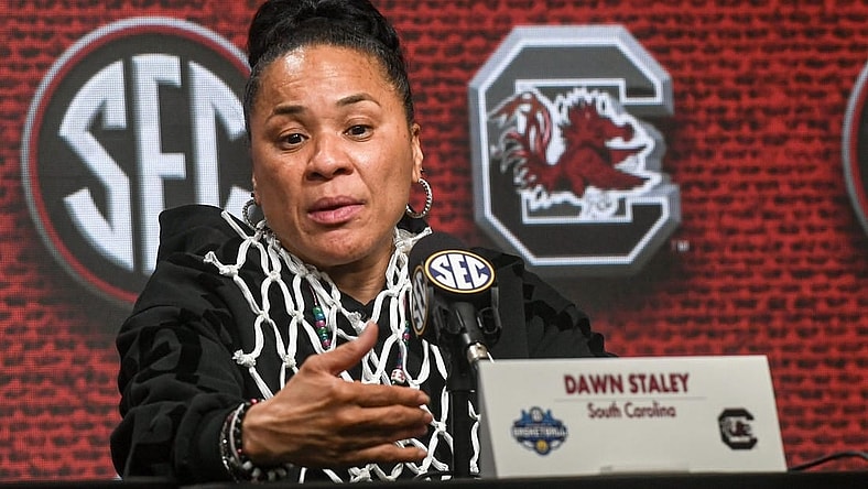 South Carolina Coach Dawn Staley talks with media after USC beat LSU for the SEC Women's Basketball Tournament Championship at the Bon Secours Wellness Arena in Greenville, S.C. Sunday, March 10, 2024.