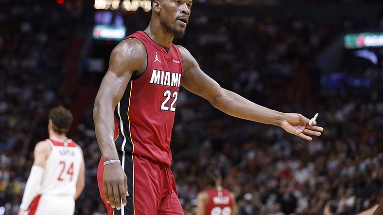 Mar 10, 2024; Miami, Florida, USA; Miami Heat forward Jimmy Butler (22) argues a call against the Washington Wizards in the first half at Kaseya Center. Mandatory Credit: Rhona Wise-USA TODAY Sports