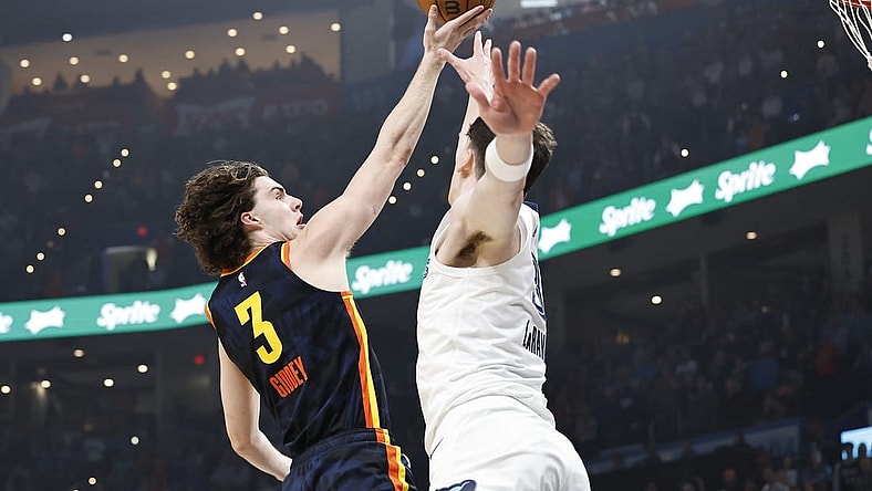Mar 10, 2024; Oklahoma City, Oklahoma, USA; Oklahoma City Thunder guard Josh Giddey (3) shoots as Memphis Grizzlies forward Jake LaRavia (3) defends during the first quarter at Paycom Center. Mandatory Credit: Alonzo Adams-USA TODAY Sports