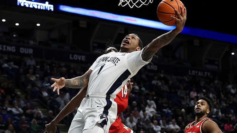 Mar 10, 2024; University Park, Pennsylvania, USA; Penn State Nittany Lions guard Ace Baldwin Jr (1) drives the ball to the basket during the first half against the Maryland Terrapins at Bryce Jordan Center. Mandatory Credit: Matthew O'Haren-USA TODAY Sports