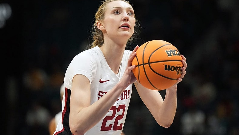 Mar 10, 2024; Las Vegas, NV, USA; Stanford Cardinal forward Cameron Brink (22) shoots the ball against the Southern California Trojans the first half of the Pac-12 Tournament women's championship game at MGM Grand Garden Arena. Mandatory Credit: Kirby Lee-USA TODAY Sports
