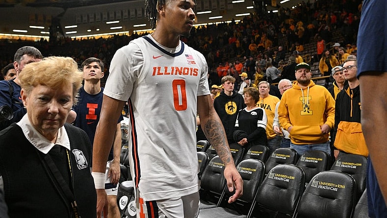 Mar 10, 2024; Iowa City, Iowa, USA; Illinois Fighting Illini guard Terrence Shannon Jr. (0) walks off the court after the game against the Iowa Hawkeyes at Carver-Hawkeye Arena. Mandatory Credit: Jeffrey Becker-USA TODAY Sports