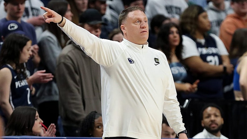 Mar 10, 2024; University Park, Pennsylvania, USA; Penn State Nittany Lions head coach Mike Rhoades gestures from the bench during the first half against the Maryland Terrapins at Bryce Jordan Center. Penn State defeated Maryland 85-69. Mandatory Credit: Matthew O'Haren-USA TODAY Sports