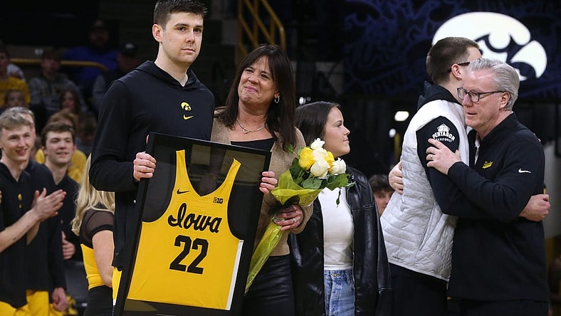 Iowa   s Patrick McCaffery, left, is pictured with his family during senior recognition Sunday, March 10, 2024 at Carver-Hawkeye Arena in Iowa City, Iowa.