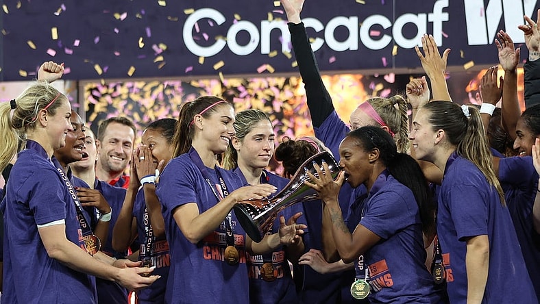 Mar 10, 2024; San Diego, California, USA;  Team USA celebrate the gold medal and trophy presentation after the win over Brazil during the final of the 2024 W Gold Cup at Snapdragon Stadium. Mandatory Credit: Abe Arredondo-USA TODAY Sports