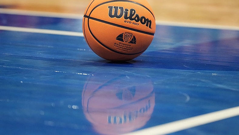 Mar 10, 2024; Las Vegas, NV, USA; A basketball with a Pac-12 Conference logo at the Pac-12 Tournament women's championship game at MGM Grand Garden Arena. Mandatory Credit: Kirby Lee-USA TODAY Sports