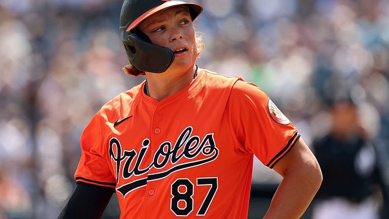 Mar 11, 2024; Tampa, Florida, USA;  Baltimore Orioles shortstop Jackson Holliday (87) looks on first inning against the New York Yankees at George M. Steinbrenner Field. Mandatory Credit: Kim Klement Neitzel-USA TODAY Sports