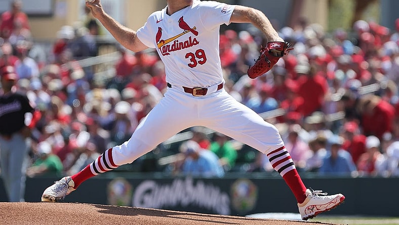Mar 11, 2024; Jupiter, Florida, USA; St. Louis Cardinals starting pitcher Miles Mikolas (39) delivers a pitch against the Washington Nationals during the first inning at Roger Dean Chevrolet Stadium. Mandatory Credit: Sam Navarro-USA TODAY Sports