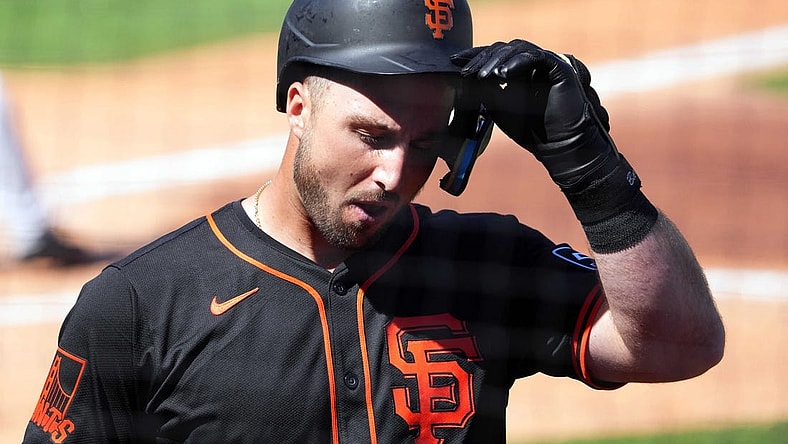 Mar 11, 2024; Surprise, Arizona, USA; San Francisco Giants designated hitter Joey Bart (21) reacts after striking out against the Kansas City Royals during the second inning at Surprise Stadium. Mandatory Credit: Joe Camporeale-USA TODAY Sports