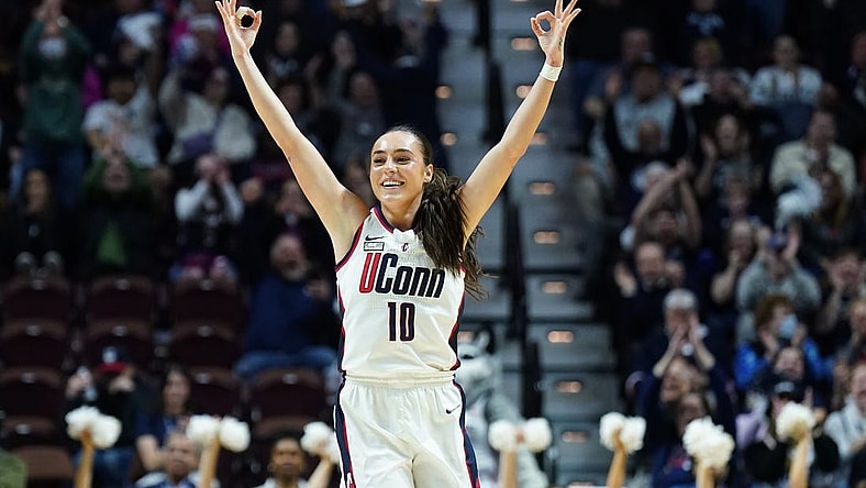 Mar 11, 2024; Uncasville, CT, USA; UConn Huskies guard Nika Muhl (10) reacts after a three point basket against the Georgetown Hoyas in the first half at Mohegan Sun Arena. Mandatory Credit: David Butler II-USA TODAY Sports
