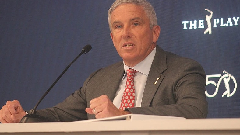 PGA Tour commissioner Jay Monahan speaks during The Players Championship in Ponte Vedra Beach, Florida, on March 12, 2024. [Clayton Freeman/Florida Times-Union]