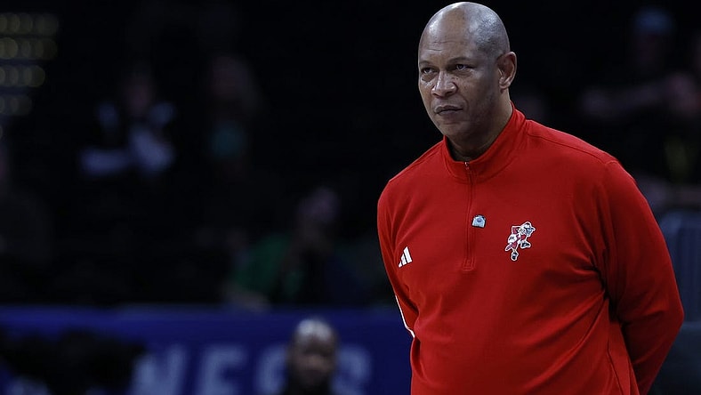 Mar 12, 2024; Washington, D.C., USA; Louisville Cardinals head coach Kenny Payne looks on from the bench against the North Carolina State Wolfpack in the second half at Capital One Arena. Mandatory Credit: Geoff Burke-USA TODAY Sports