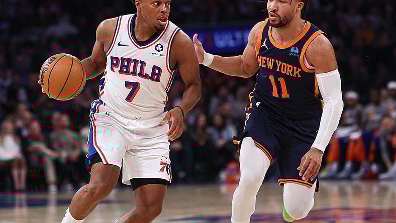 Mar 12, 2024; New York, New York, USA; Philadelphia 76ers guard Kyle Lowry (7) dribbles against New York Knicks guard Jalen Brunson (11) during the first quarter at Madison Square Garden. Mandatory Credit: Vincent Carchietta-USA TODAY Sports